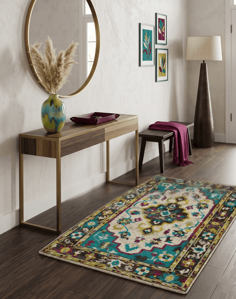 5x8 Hand Knotted Ivory, Teal Blue and Brown Antique Persian Style Bamboo Silk Area Rug