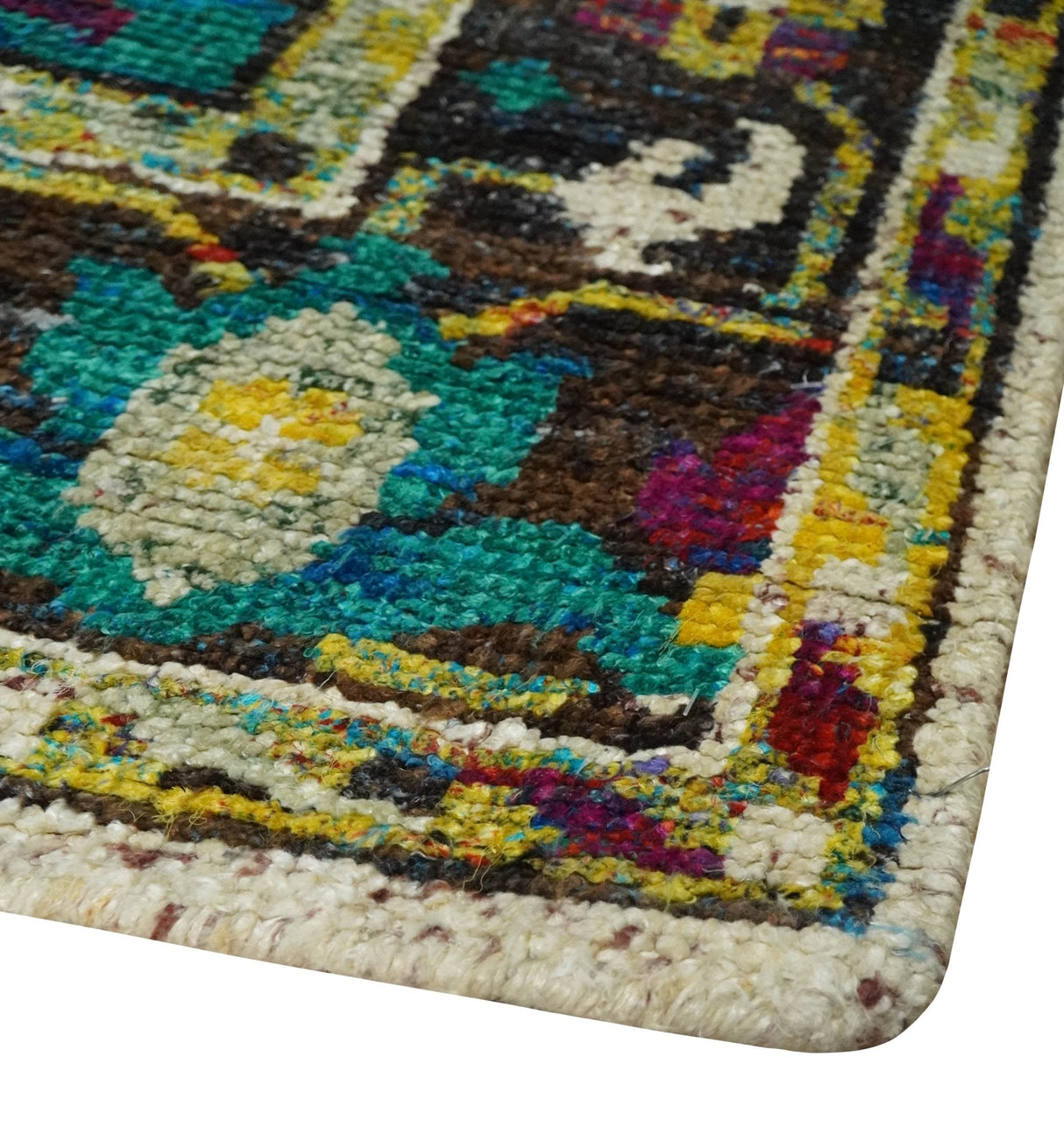 5x8 Hand Knotted Ivory, Teal Blue and Brown Antique Persian Style Bamboo Silk Area Rug