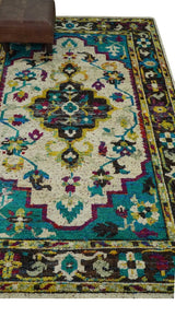 5x8 Hand Knotted Ivory, Teal Blue and Brown Antique Persian Style Bamboo Silk Area Rug