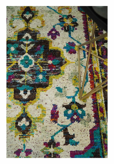 5x8 Hand Knotted Ivory, Teal Blue and Brown Antique Persian Style Bamboo Silk Area Rug