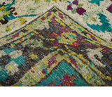 5x8 Hand Knotted Ivory, Teal Blue and Brown Antique Persian Style Bamboo Silk Area Rug