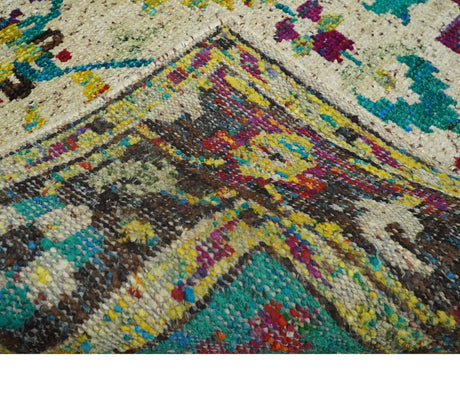 5x8 Hand Knotted Ivory, Teal Blue and Brown Antique Persian Style Bamboo Silk Area Rug