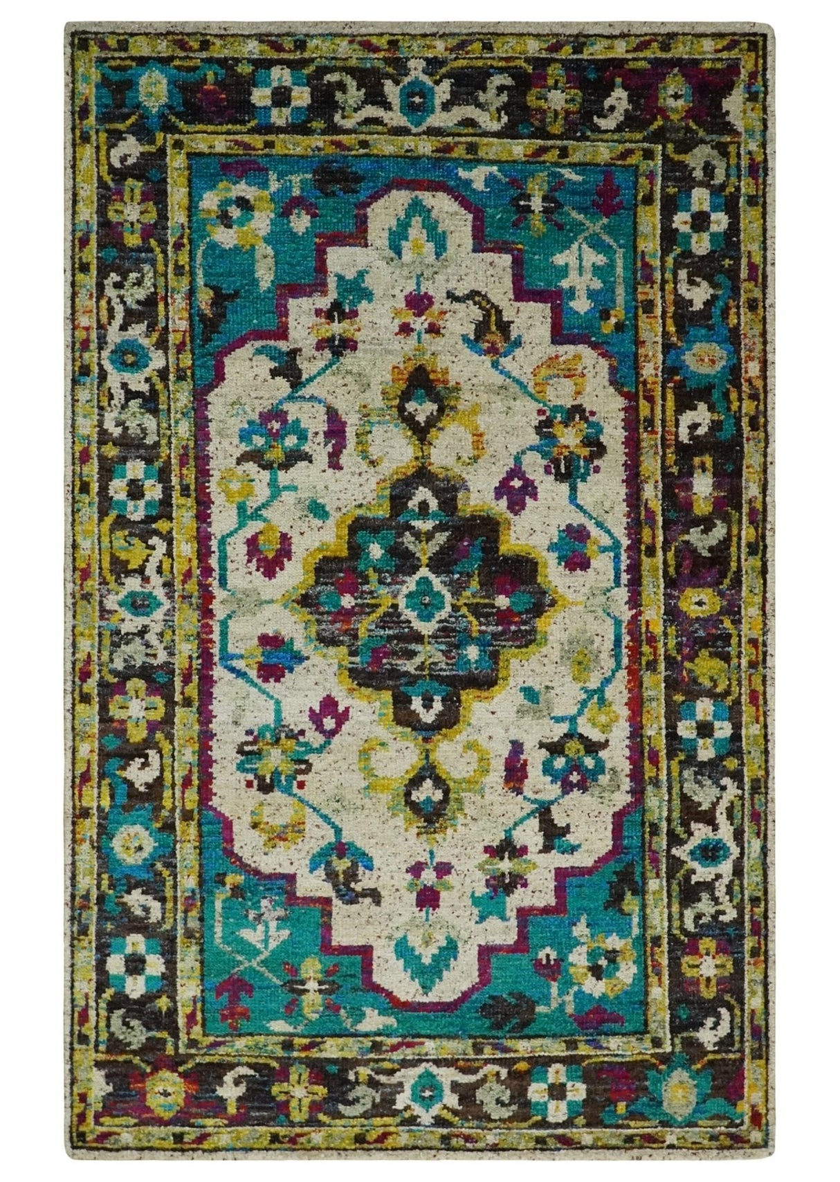 5x8 Hand Knotted Ivory, Teal Blue and Brown Antique Persian Style Bamboo Silk Area Rug