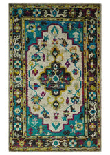 5x8 Hand Knotted Ivory, Teal Blue and Brown Antique Persian Style Bamboo Silk Area Rug