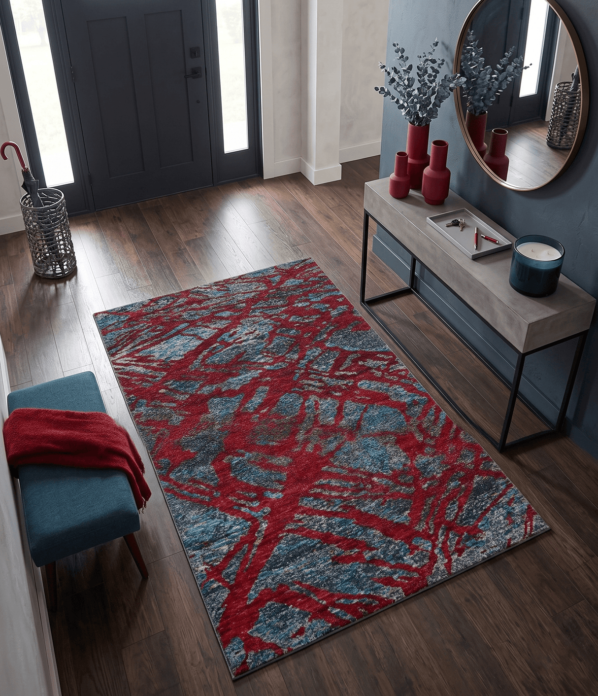 5x8 Hand Knotted Maroon, Gray and Blue Modern Abstract Recycled Silk Area Rug