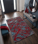 5x8 Hand Knotted Maroon, Gray and Blue Modern Abstract Recycled Silk Area Rug