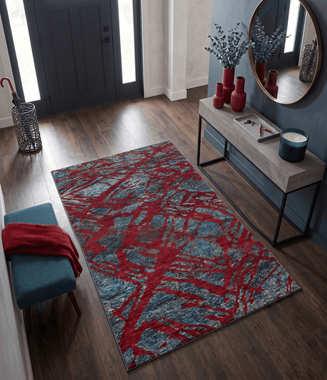 5x8 Hand Knotted Maroon, Gray and Blue Modern Abstract Recycled Silk Area Rug
