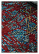 5x8 Hand Knotted Maroon, Gray and Blue Modern Abstract Recycled Silk Area Rug