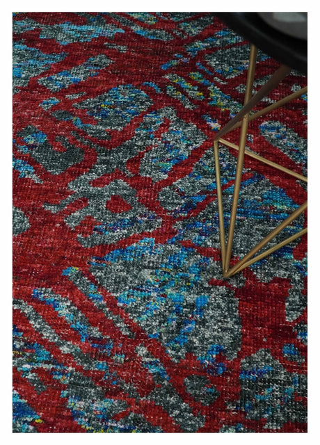 5x8 Hand Knotted Maroon, Gray and Blue Modern Abstract Recycled Silk Area Rug