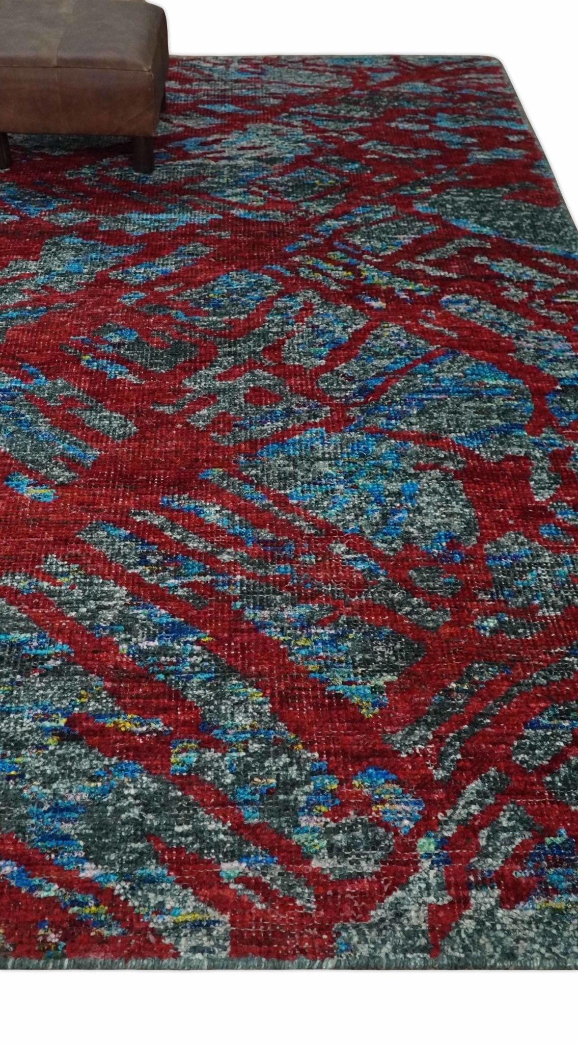 5x8 Hand Knotted Maroon, Gray and Blue Modern Abstract Recycled Silk Area Rug