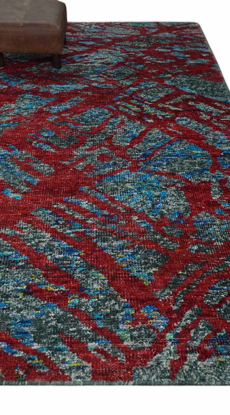 5x8 Hand Knotted Maroon, Gray and Blue Modern Abstract Recycled Silk Area Rug