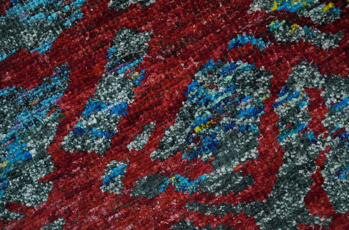 5x8 Hand Knotted Maroon, Gray and Blue Modern Abstract Recycled Silk Area Rug