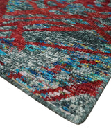 5x8 Hand Knotted Maroon, Gray and Blue Modern Abstract Recycled Silk Area Rug