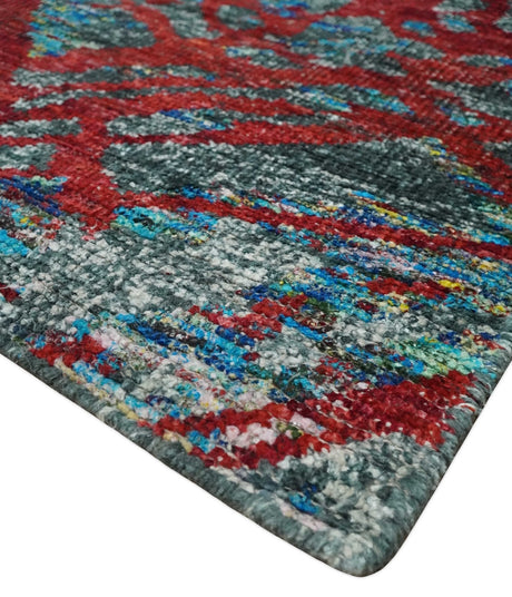 5x8 Hand Knotted Maroon, Gray and Blue Modern Abstract Recycled Silk Area Rug