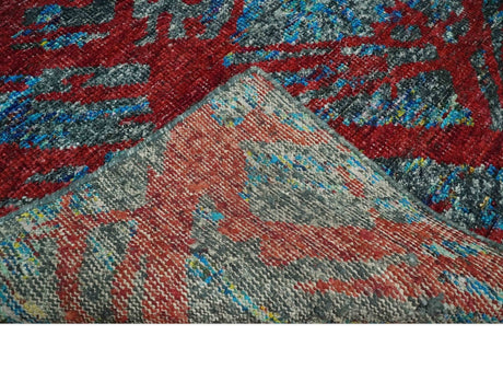 5x8 Hand Knotted Maroon, Gray and Blue Modern Abstract Recycled Silk Area Rug