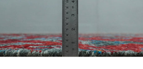 5x8 Hand Knotted Maroon, Gray and Blue Modern Abstract Recycled Silk Area Rug