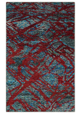 5x8 Hand Knotted Maroon, Gray and Blue Modern Abstract Recycled Silk Area Rug
