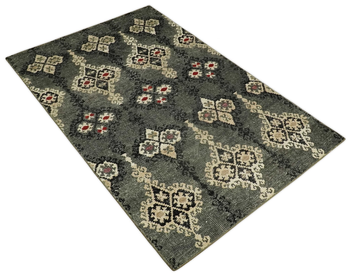 5x8 Hand Knotted Moss Green, Beige and Black Antique Persian Style Recycled Silk Area Rug