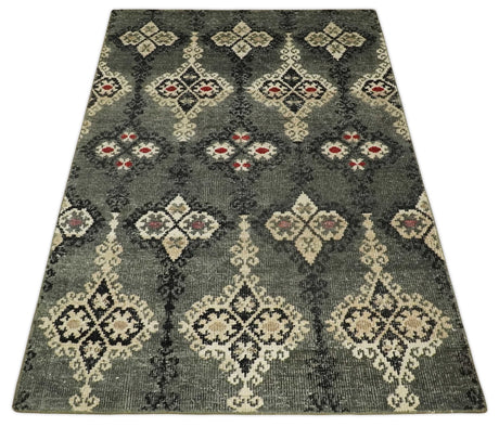 5x8 Hand Knotted Moss Green, Beige and Black Antique Persian Style Recycled Silk Area Rug