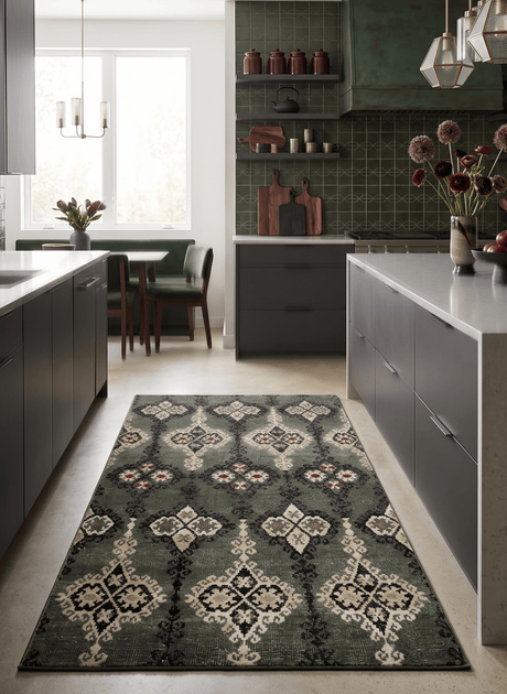 5x8 Hand Knotted Moss Green, Beige and Black Antique Persian Style Recycled Silk Area Rug