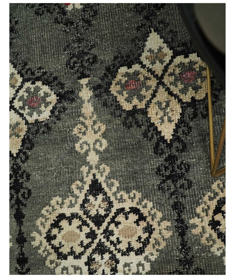 5x8 Hand Knotted Moss Green, Beige and Black Antique Persian Style Recycled Silk Area Rug