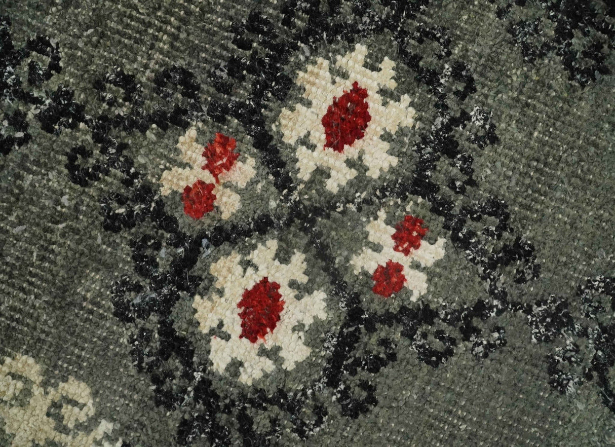 5x8 Hand Knotted Moss Green, Beige and Black Antique Persian Style Recycled Silk Area Rug