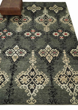 5x8 Hand Knotted Moss Green, Beige and Black Antique Persian Style Recycled Silk Area Rug