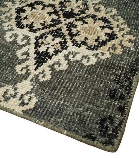 5x8 Hand Knotted Moss Green, Beige and Black Antique Persian Style Recycled Silk Area Rug