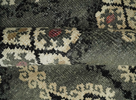 5x8 Hand Knotted Moss Green, Beige and Black Antique Persian Style Recycled Silk Area Rug