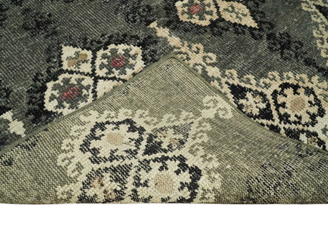 5x8 Hand Knotted Moss Green, Beige and Black Antique Persian Style Recycled Silk Area Rug