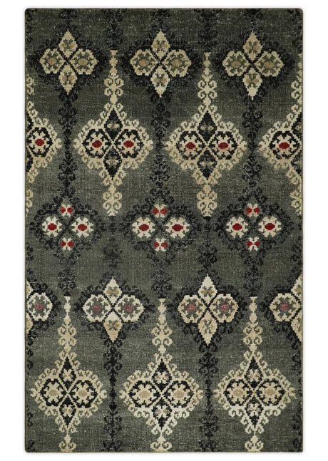 5x8 Hand Knotted Moss Green, Beige and Black Antique Persian Style Recycled Silk Area Rug