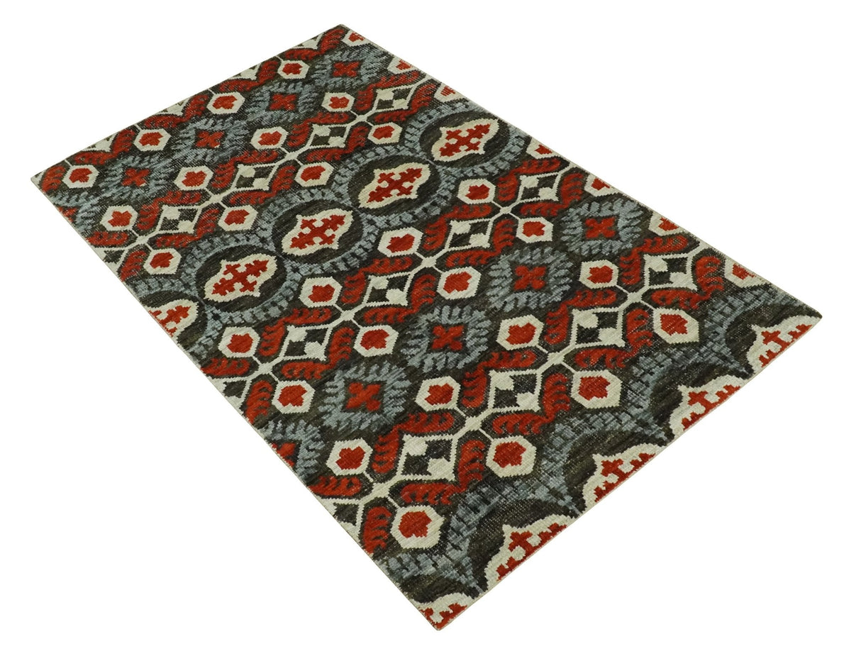 5x8 Hand Knotted Moss Green, Ivory and Rust Contemporary Recycled Silk Area Rug