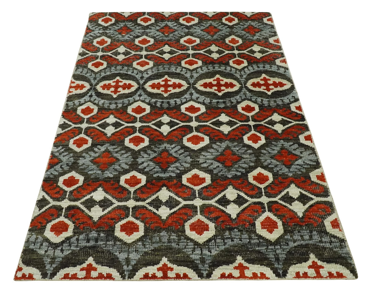 5x8 Hand Knotted Moss Green, Ivory and Rust Contemporary Recycled Silk Area Rug