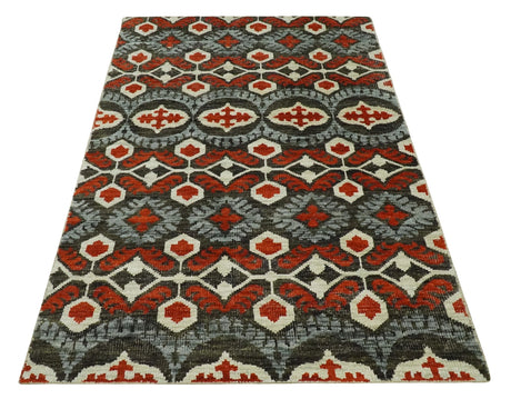 5x8 Hand Knotted Moss Green, Ivory and Rust Contemporary Recycled Silk Area Rug