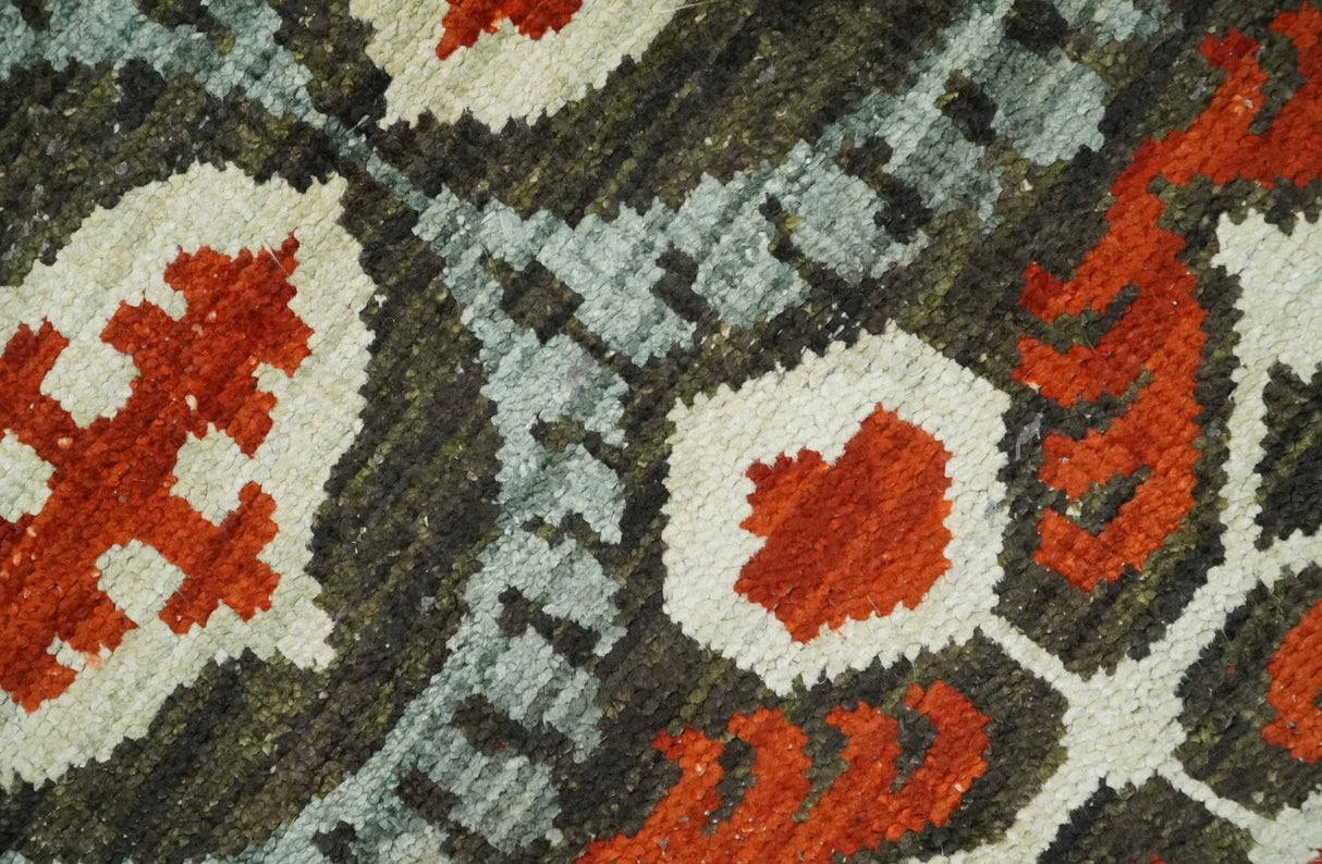 5x8 Hand Knotted Moss Green, Ivory and Rust Contemporary Recycled Silk Area Rug