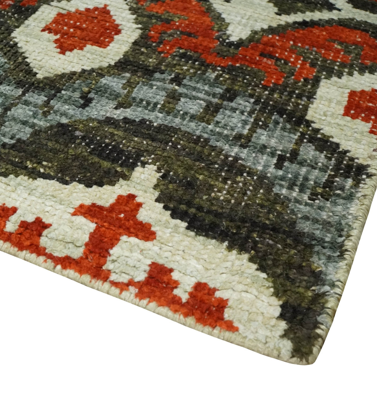 5x8 Hand Knotted Moss Green, Ivory and Rust Contemporary Recycled Silk Area Rug