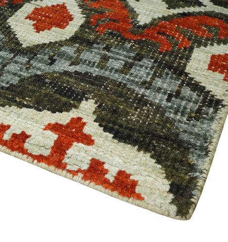 5x8 Hand Knotted Moss Green, Ivory and Rust Contemporary Recycled Silk Area Rug