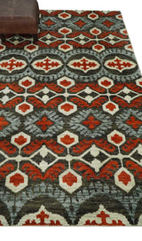 5x8 Hand Knotted Moss Green, Ivory and Rust Contemporary Recycled Silk Area Rug