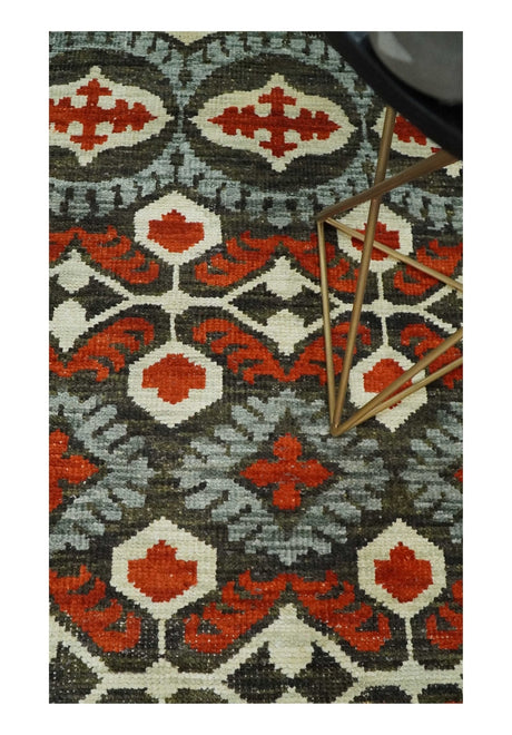 5x8 Hand Knotted Moss Green, Ivory and Rust Contemporary Recycled Silk Area Rug