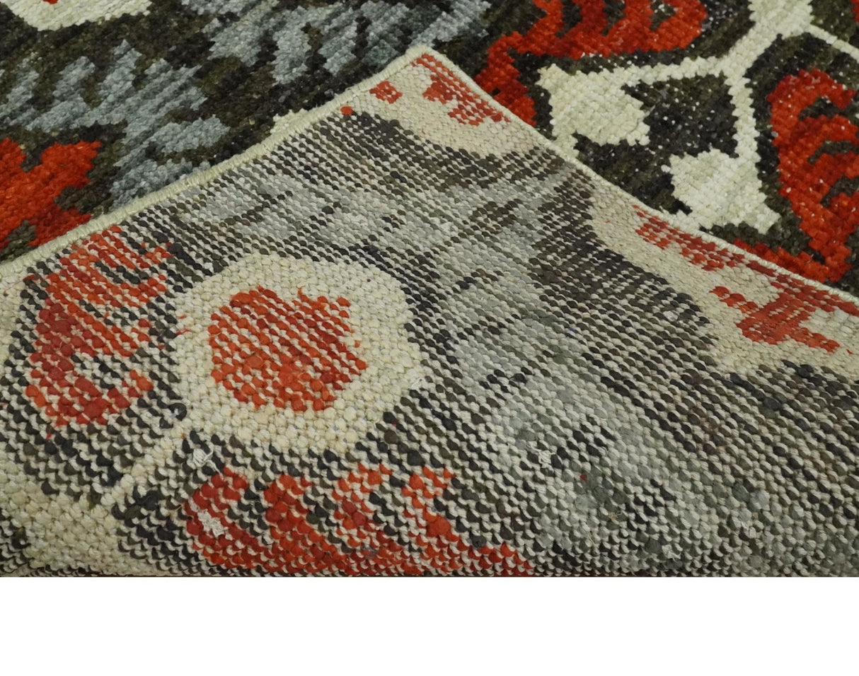 5x8 Hand Knotted Moss Green, Ivory and Rust Contemporary Recycled Silk Area Rug