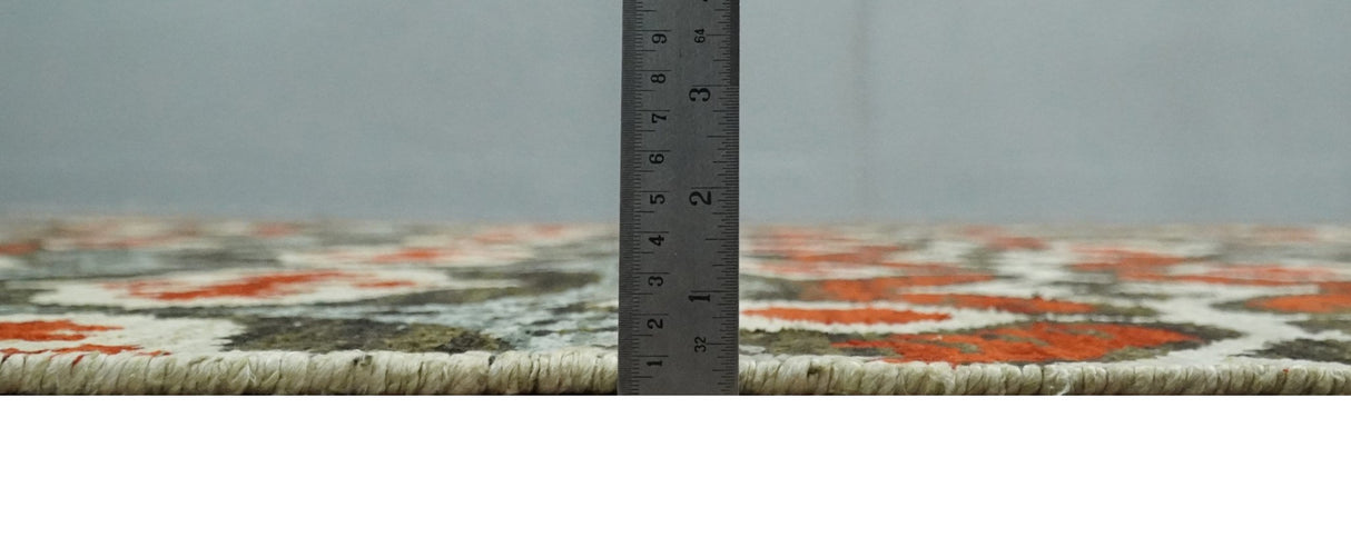 5x8 Hand Knotted Moss Green, Ivory and Rust Contemporary Recycled Silk Area Rug