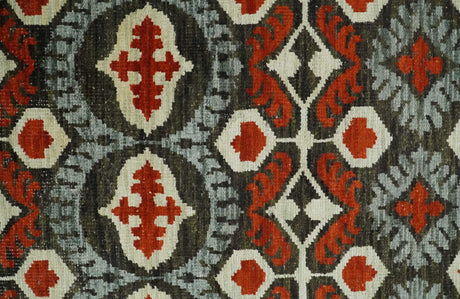 5x8 Hand Knotted Moss Green, Ivory and Rust Contemporary Recycled Silk Area Rug