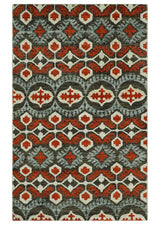 5x8 Hand Knotted Moss Green, Ivory and Rust Contemporary Recycled Silk Area Rug
