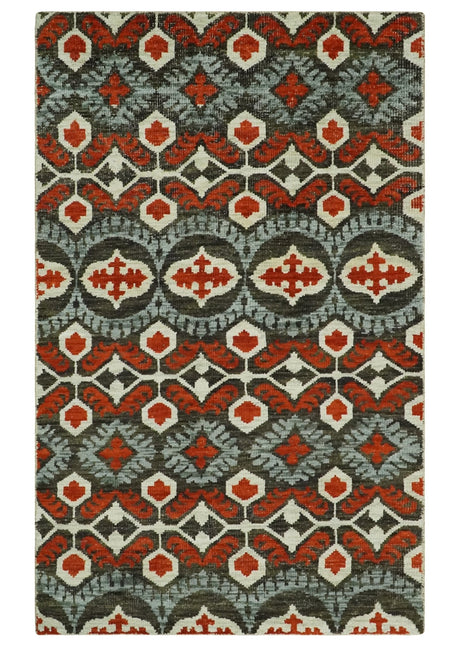 5x8 Hand Knotted Moss Green, Ivory and Rust Contemporary Recycled Silk Area Rug