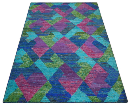 5x8 Hand Knotted Multicolor Modern Geometric Recycled Silk Area Rug