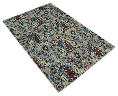 5x8 Hand Knotted Persian Style Ivory And Silver Recycled Silk Area Rug