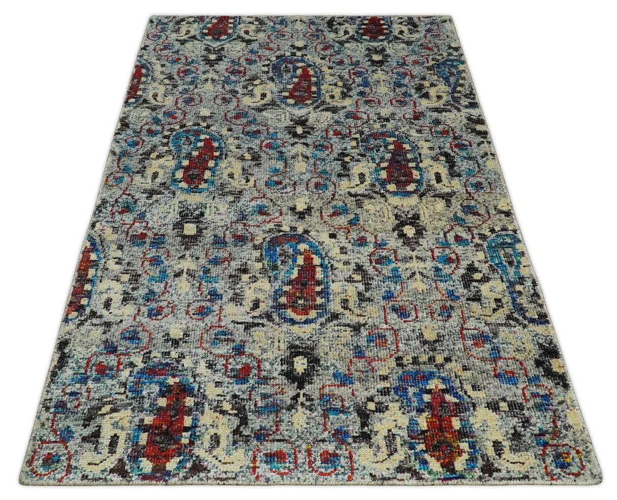 5x8 Hand Knotted Persian Style Ivory And Silver Recycled Silk Area Rug
