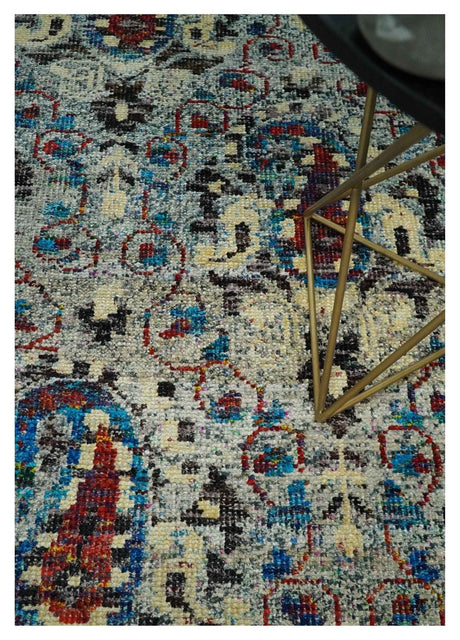 5x8 Hand Knotted Persian Style Ivory And Silver Recycled Silk Area Rug