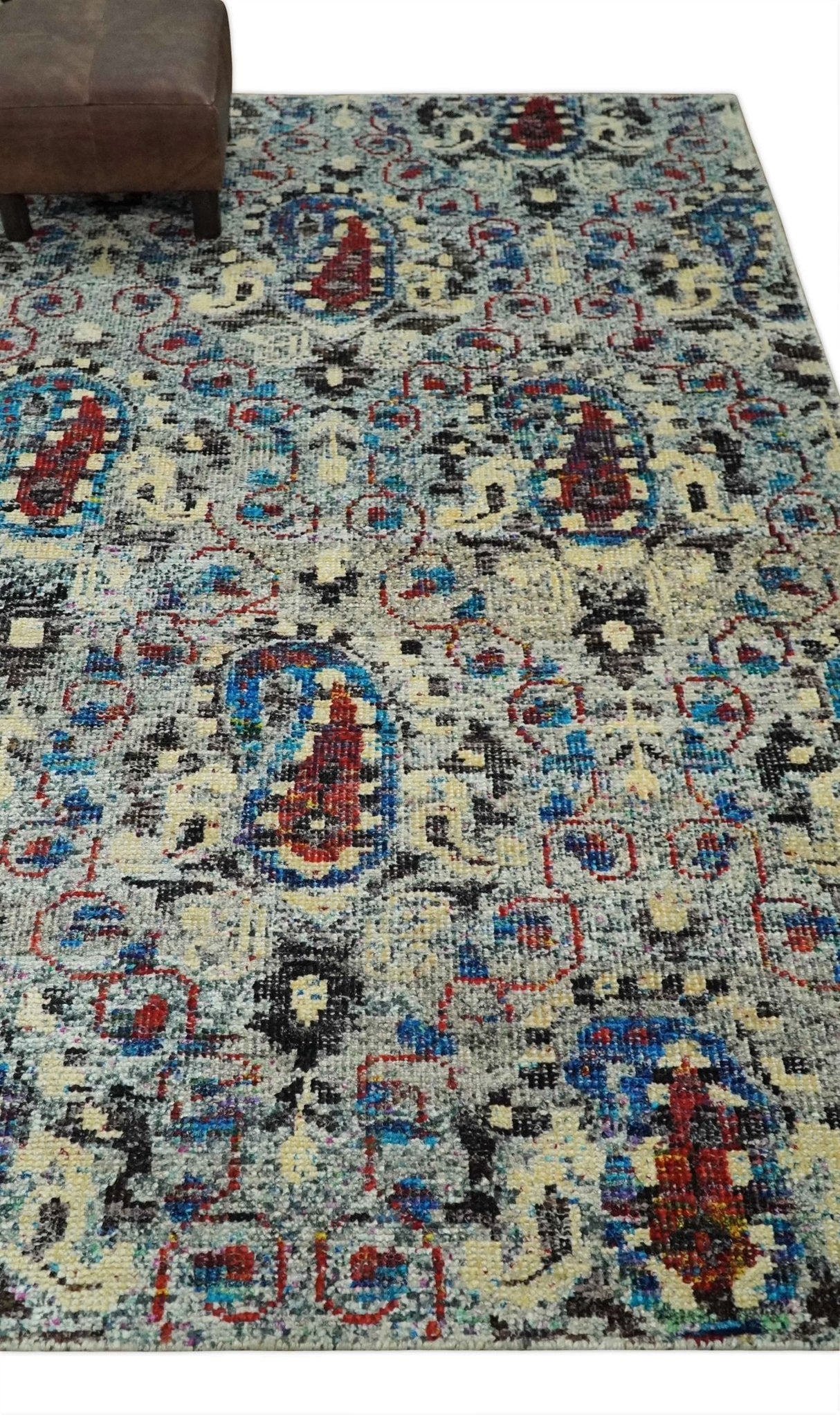 5x8 Hand Knotted Persian Style Ivory And Silver Recycled Silk Area Rug