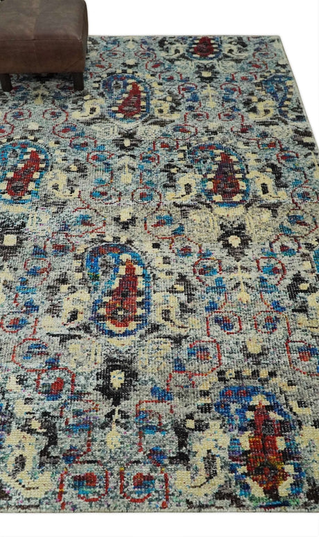 5x8 Hand Knotted Persian Style Ivory And Silver Recycled Silk Area Rug